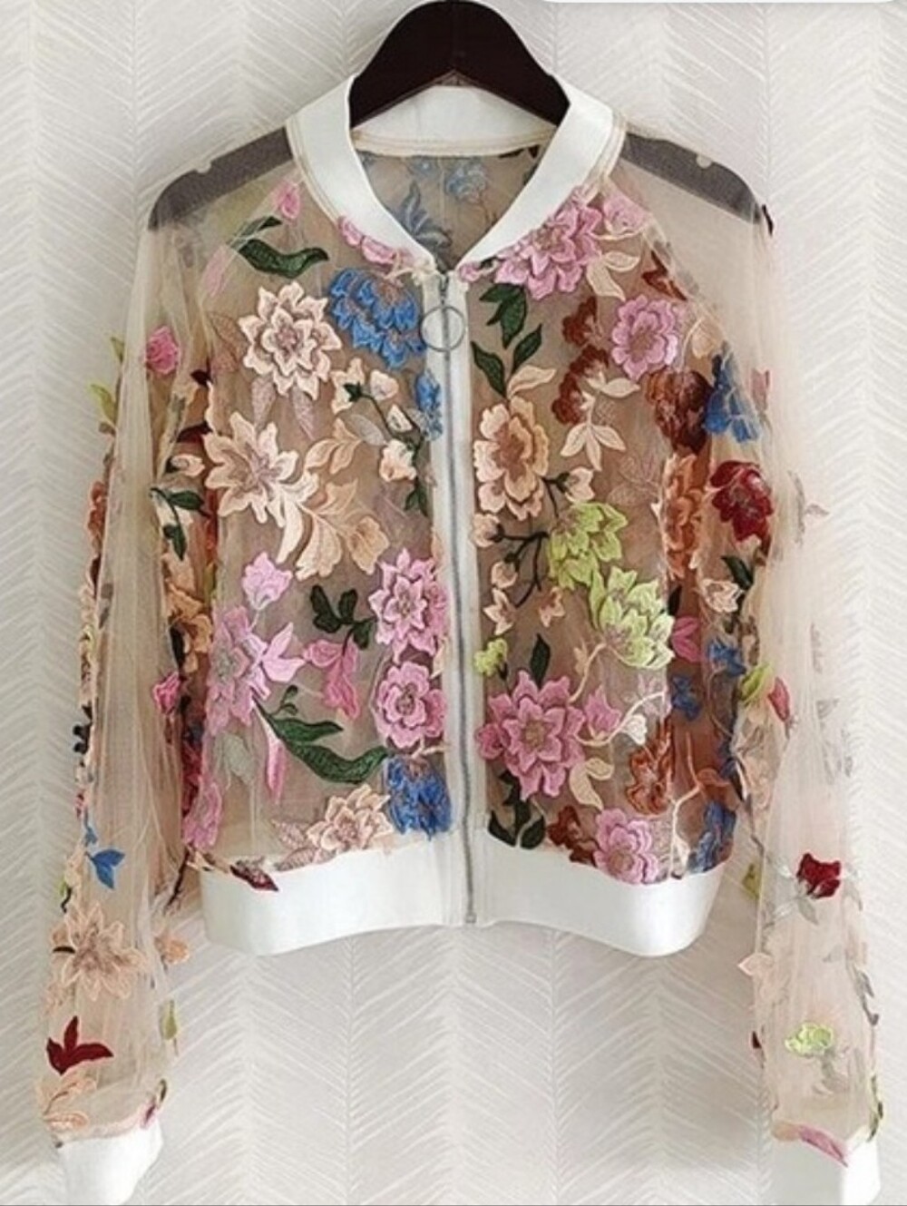 Embroidered Sheer Floral Bomber Jacket - Pink Multi